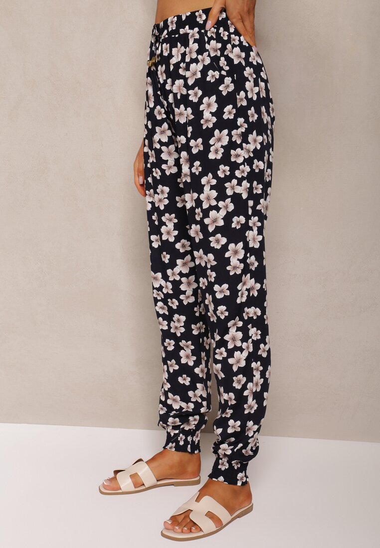 Granatowe Wiskozowe Spodnie High Waist z Gumką w Talii Rivanirra