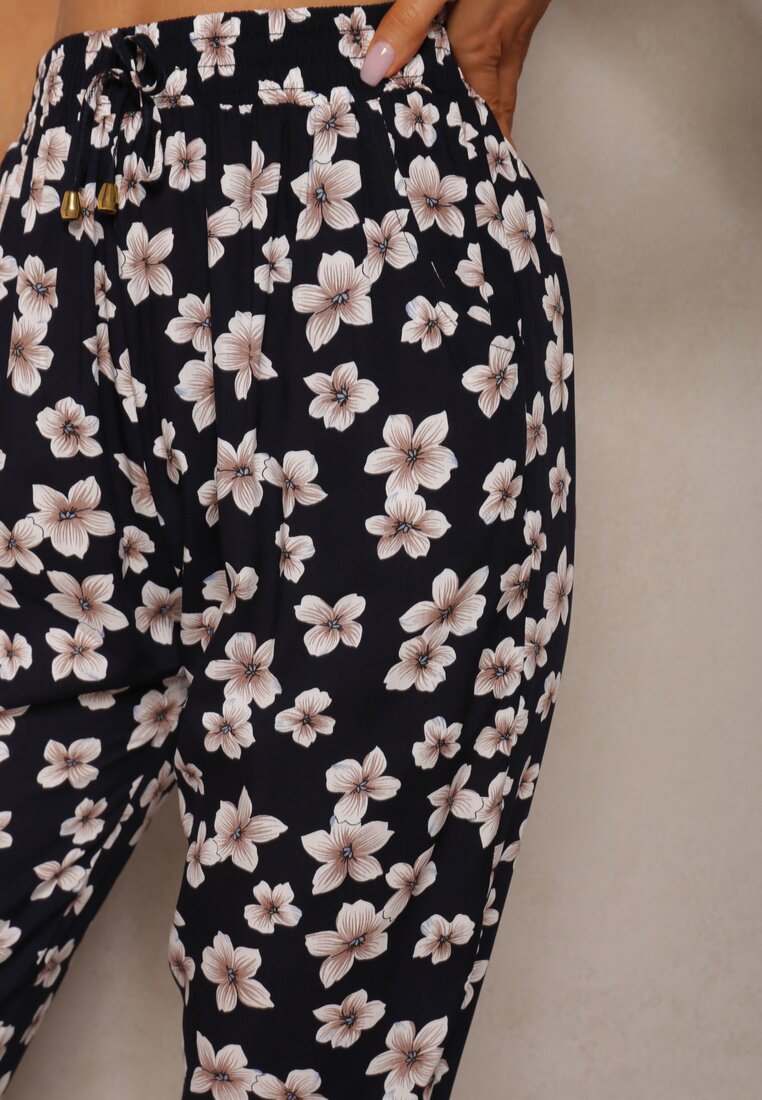 Granatowe Wiskozowe Spodnie High Waist z Gumką w Talii Rivanirra