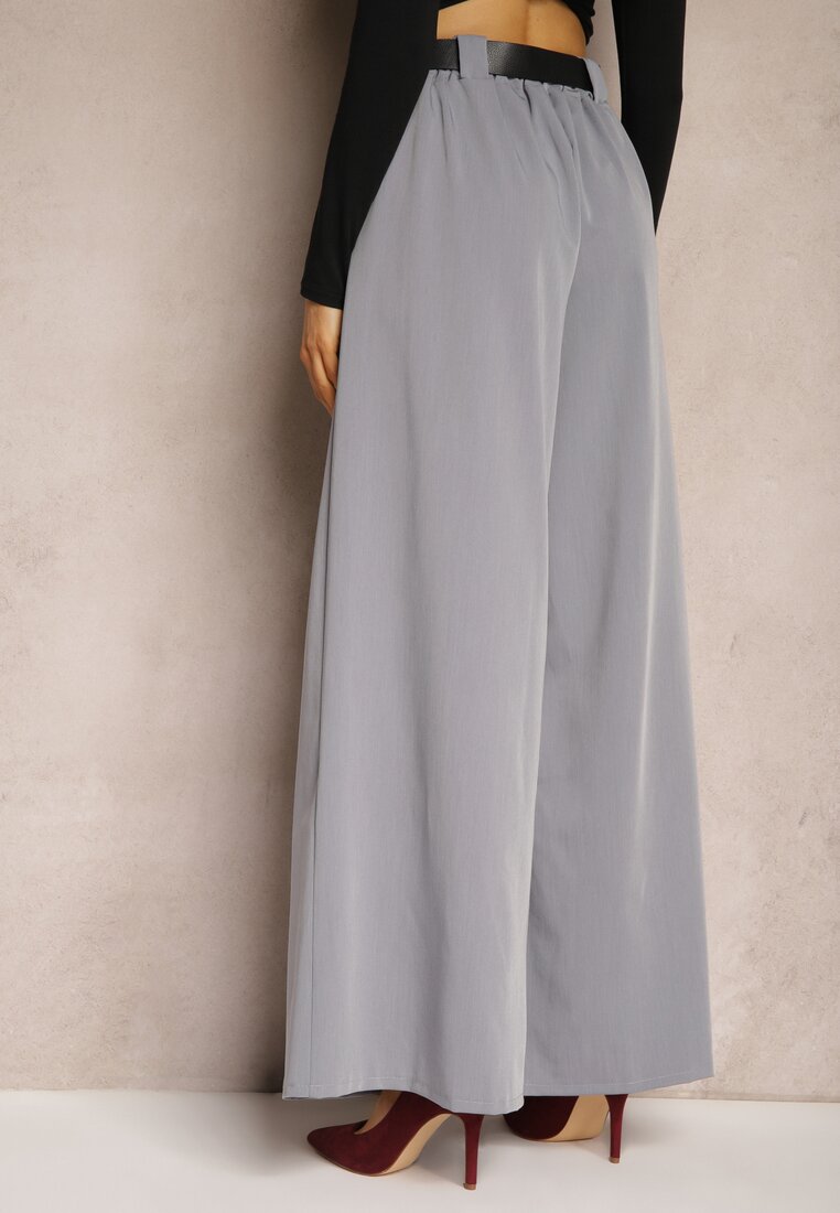 Jasnoszare Garniturowe Spodnie o Szerokim Kroju High Waist z Paskiem Lilmelba