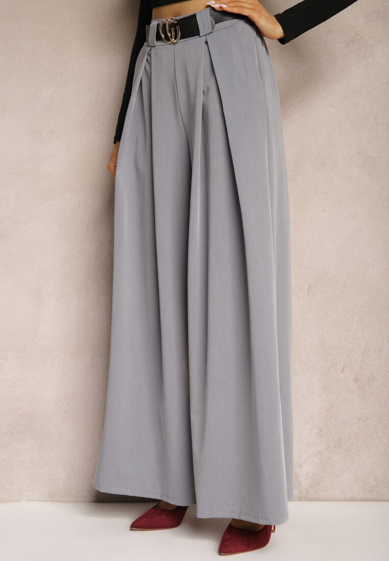 Jasnoszare Garniturowe Spodnie o Szerokim Kroju High Waist z Paskiem Lilmelba