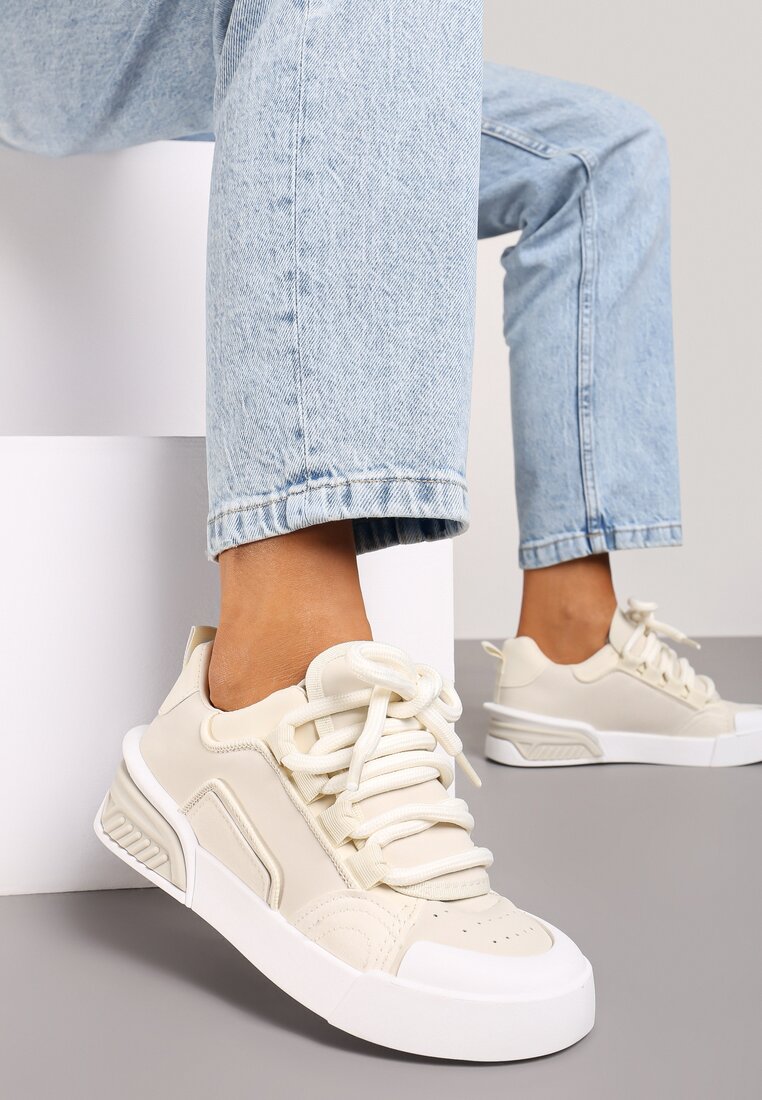 Beżowe Sneakersy w Stylu Trampek z Szerokimi Sznurówkami na Grubej Podeszwie Sakarias