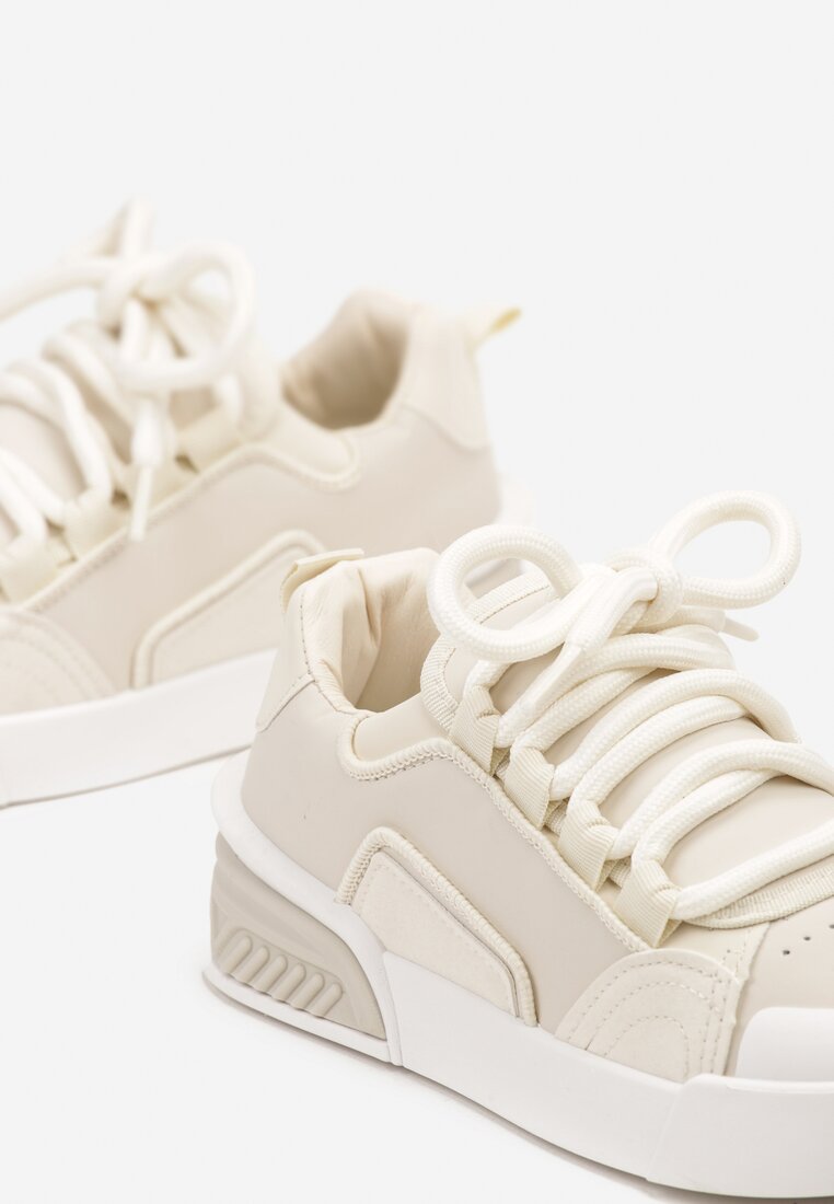 Beżowe Sneakersy w Stylu Trampek z Szerokimi Sznurówkami na Grubej Podeszwie Sakarias