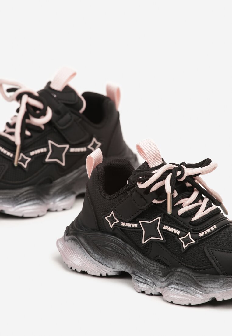 Różowe Sznurowane Buty Sportowe Sneakersy na Płaskiej Tłoczonej Podeszwie z Gwiazdkami Avrie