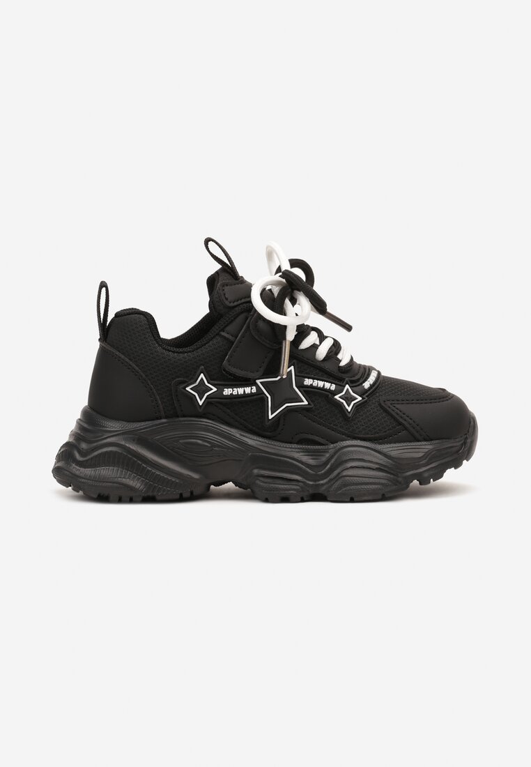 Czarne Sznurowane Buty Sportowe Sneakersy na Płaskiej Tłoczonej Podeszwie z Gwiazdkami Avrie
