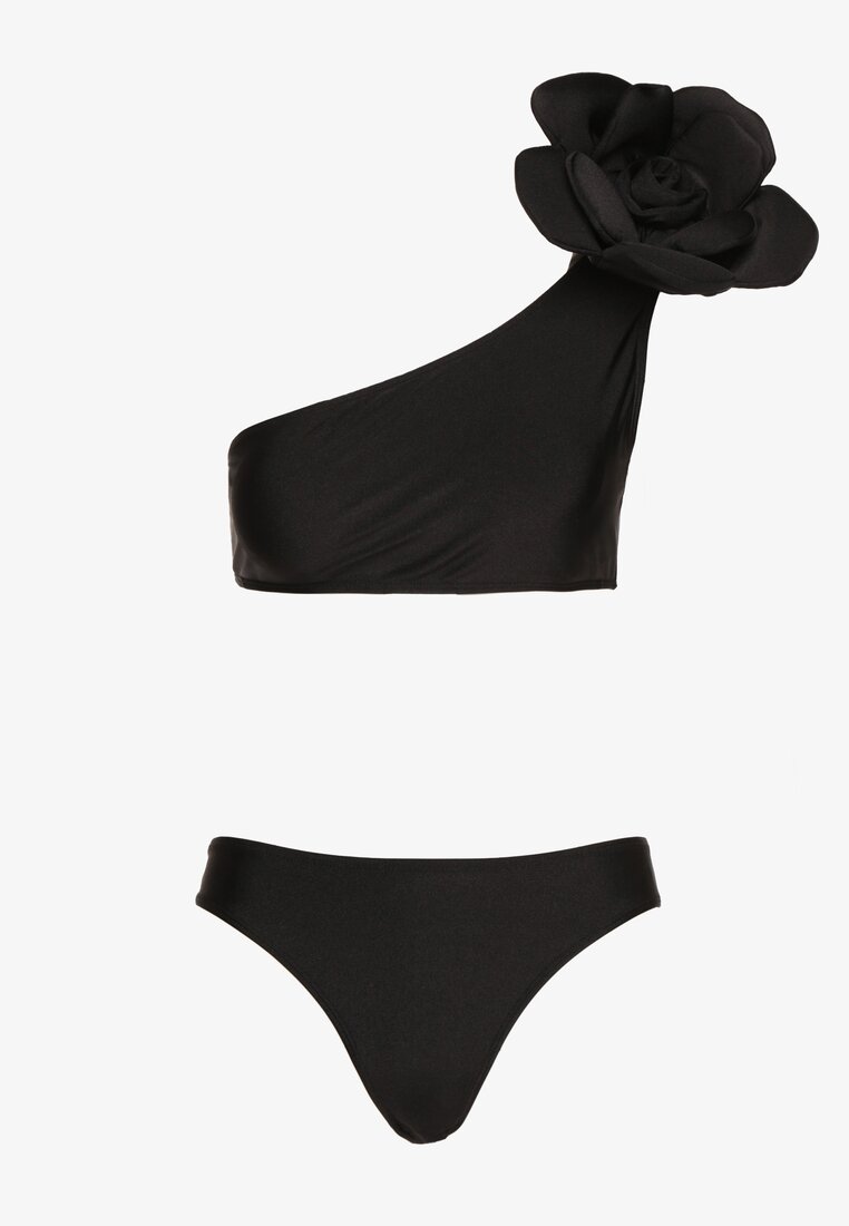 Czarne Bikini 2-Częściowe Stanik z Aplikacją Kwiatu na Jedno Ramię Majtki Typu Figi Valmelba
