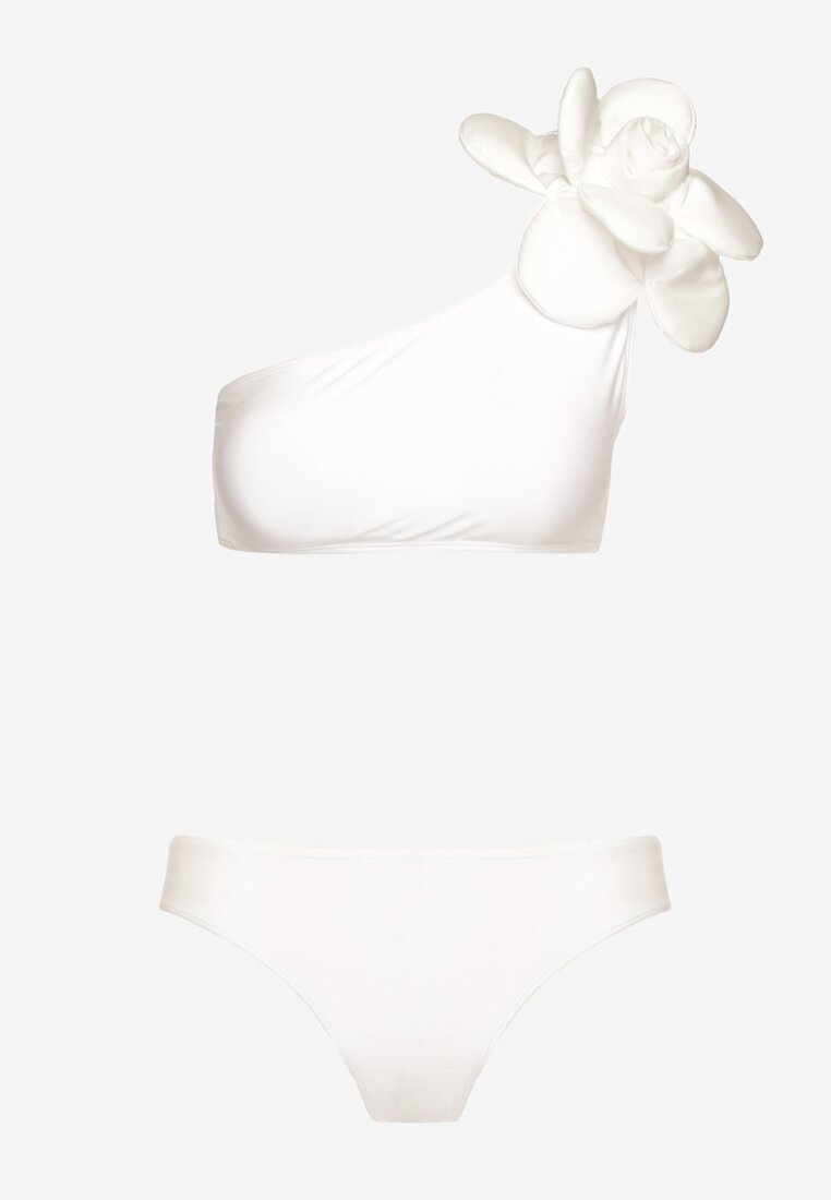 Białe Bikini 2-Częściowe Stanik z Aplikacją Kwiatu na Jedno Ramię Majtki Typu Figi Valmelba