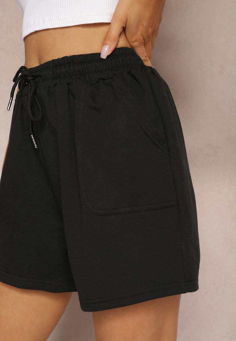 Czarne Dresowe Szorty High Waist z Gumką w Talii Narefia