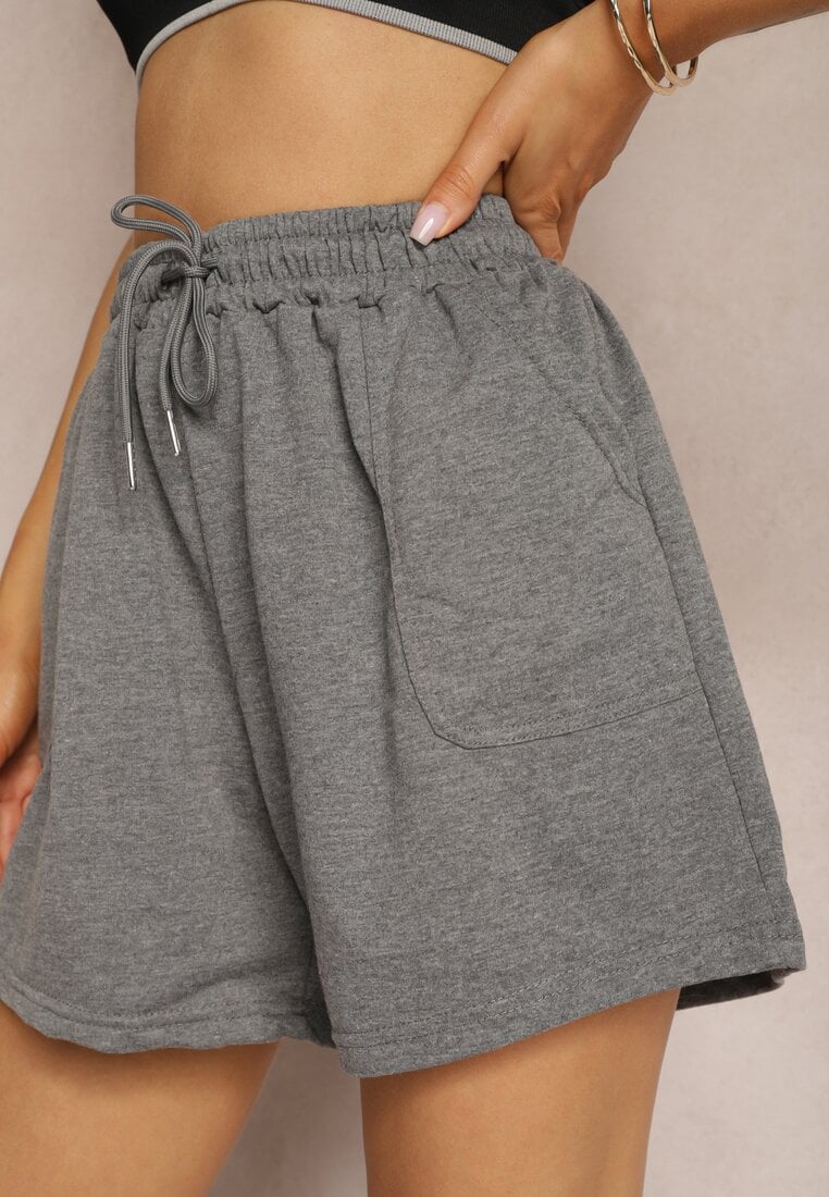 Ciemnoszare Dresowe Szorty High Waist z Gumką w Talii Narefia