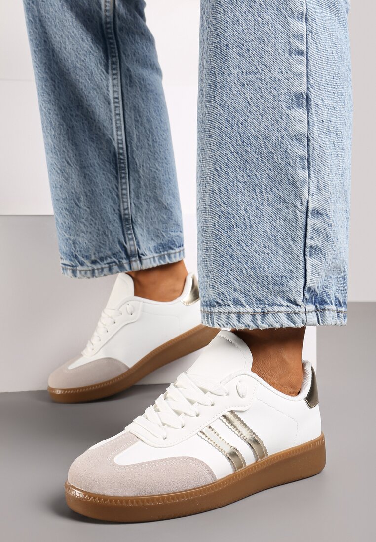 Biało-Złote Sneakersy Sznurowane w Sportowym Stylu Mrefia