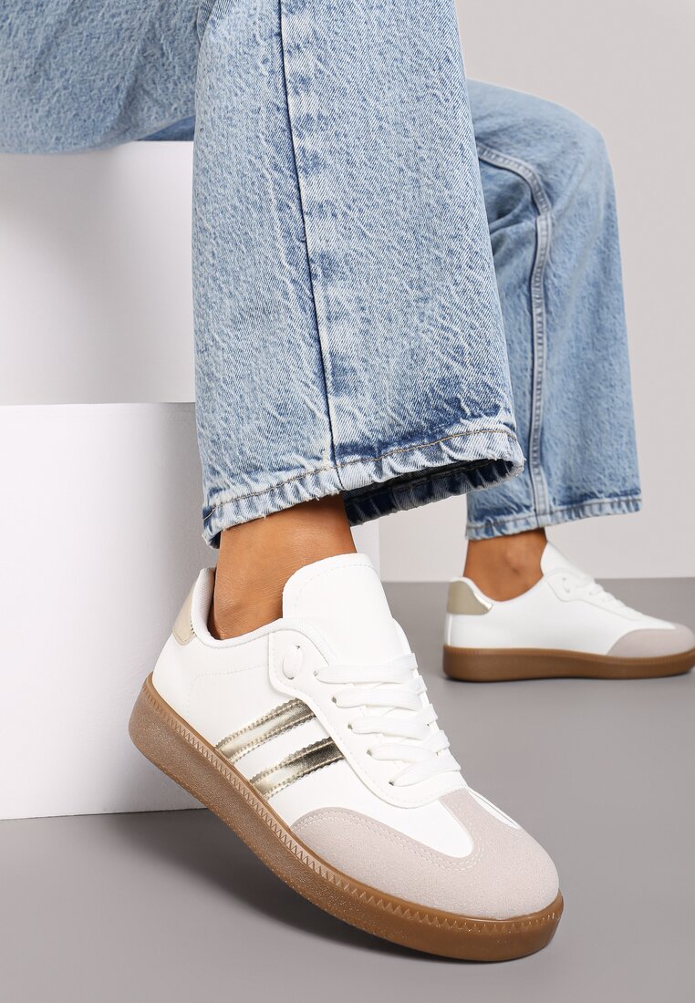 Biało-Złote Sneakersy Sznurowane w Sportowym Stylu Mrefia