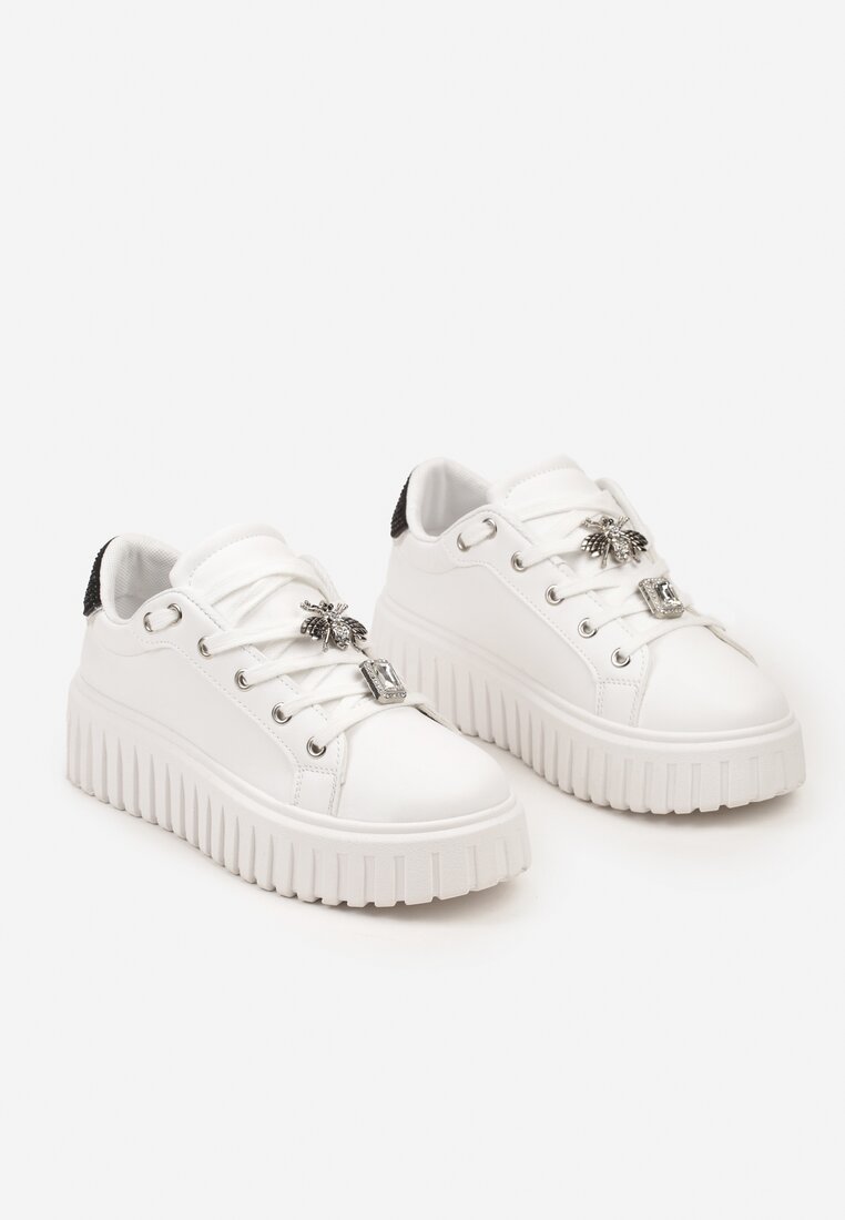 Biało-Czarne Sneakersy na Platformie Ozdobione Metaliczną Wstawką i Aplikacjami z Cyrkonii Qulina