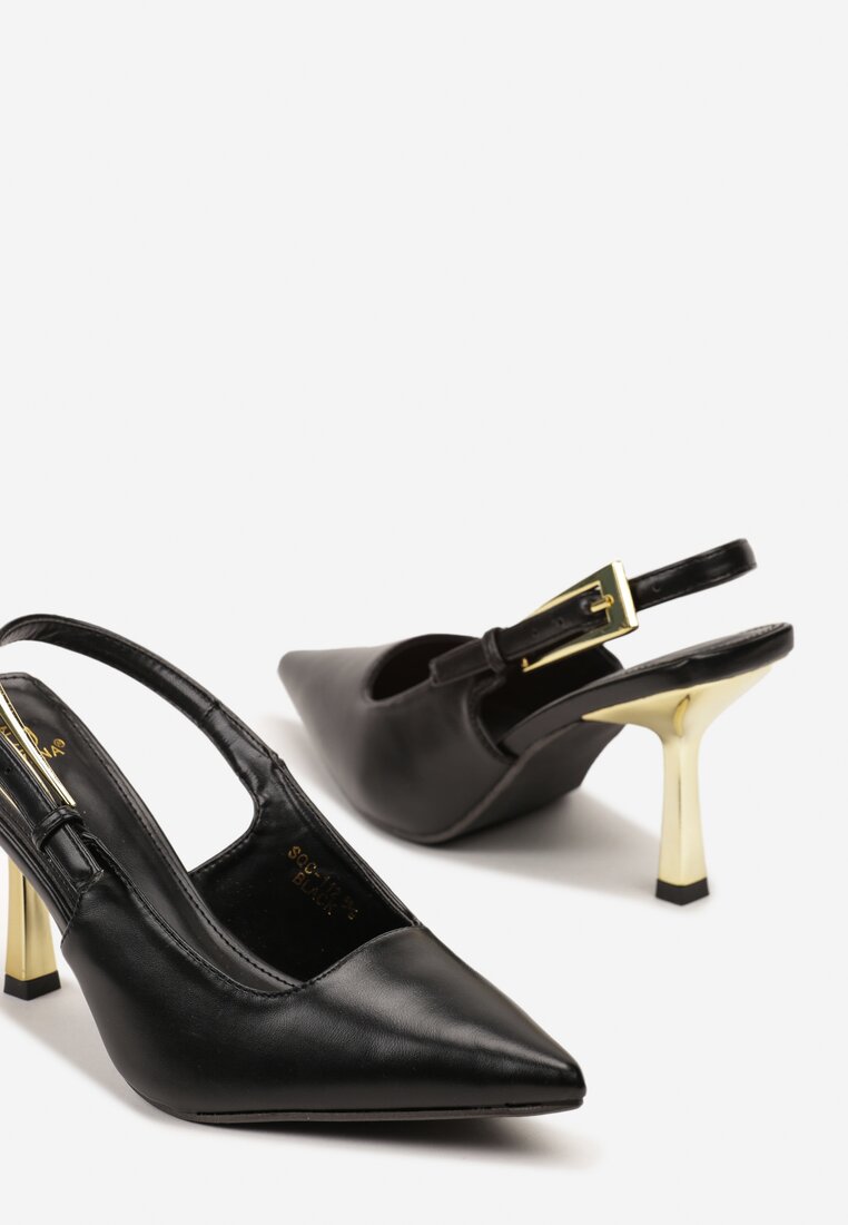 Czarne Sandały Slingback na Metalicznej Szpilce Idrina