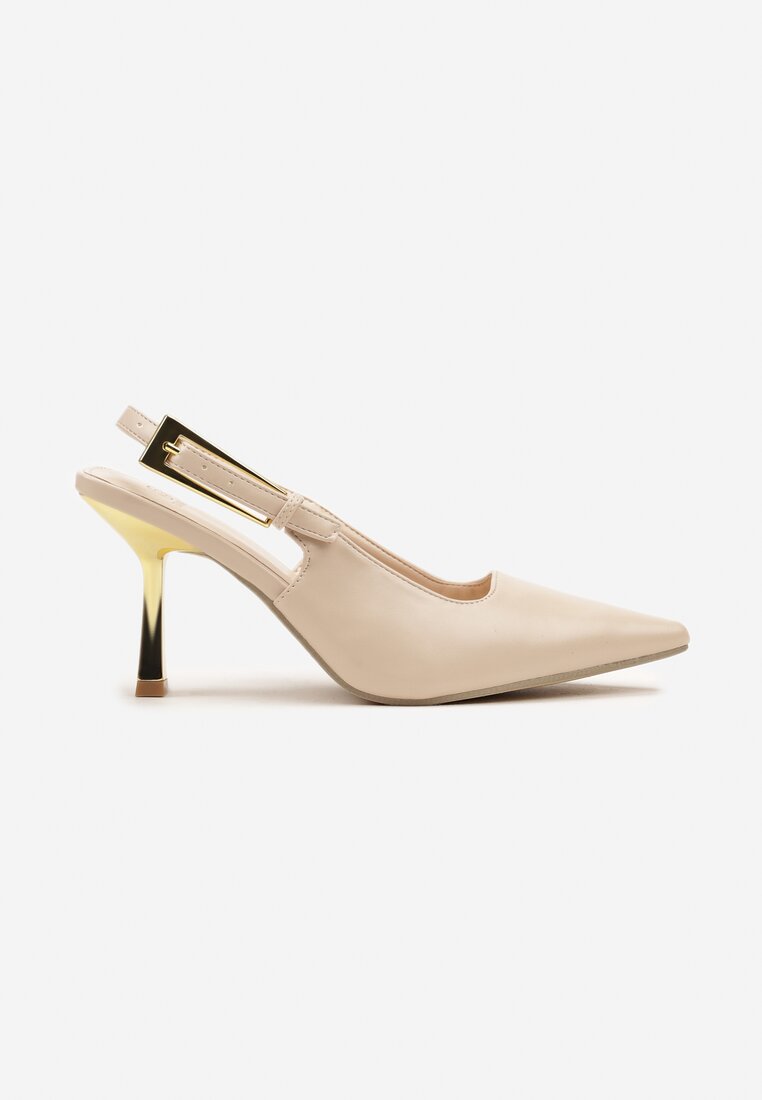 Beżowe Sandały Slingback na Metalicznej Szpilce Idrina