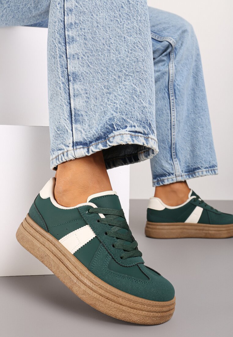 Zielone Sneakersy na Grubej Podeszwie z Ozdobnymi Przeszyciami Ysdole