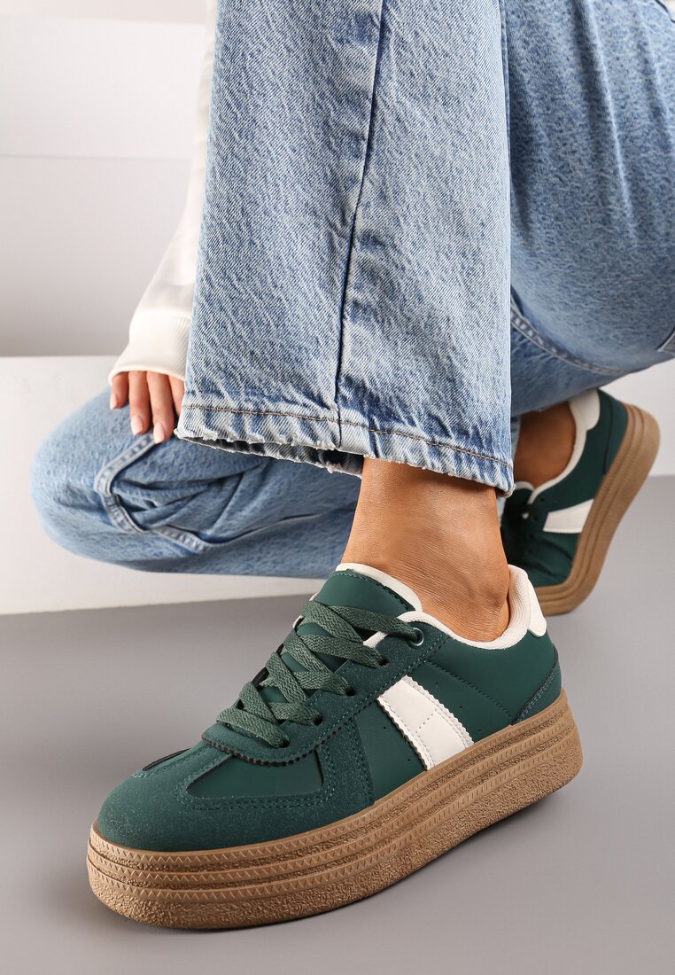 Zielone Sneakersy na Grubej Podeszwie z Ozdobnymi Przeszyciami Ysdole