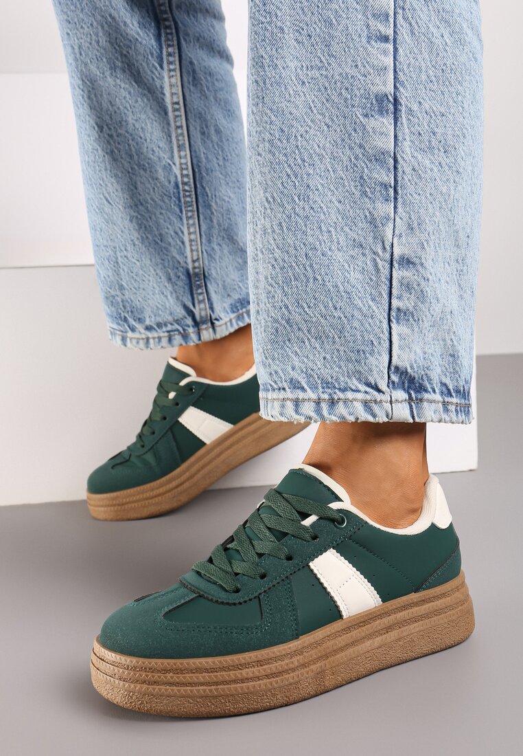 Zielone Sneakersy na Grubej Podeszwie z Ozdobnymi Przeszyciami Ysdole