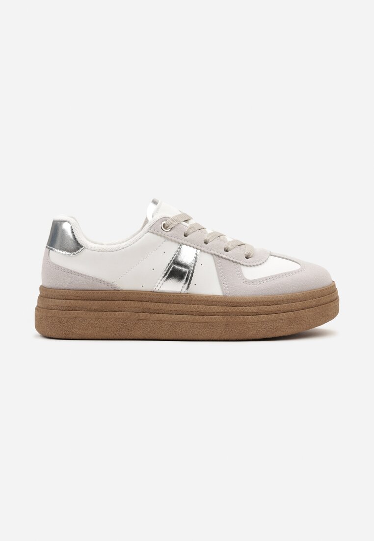 Szaro--Srebrne Sneakersy na Grubej Podeszwie z Ozdobnymi Przeszyciami Ysdole