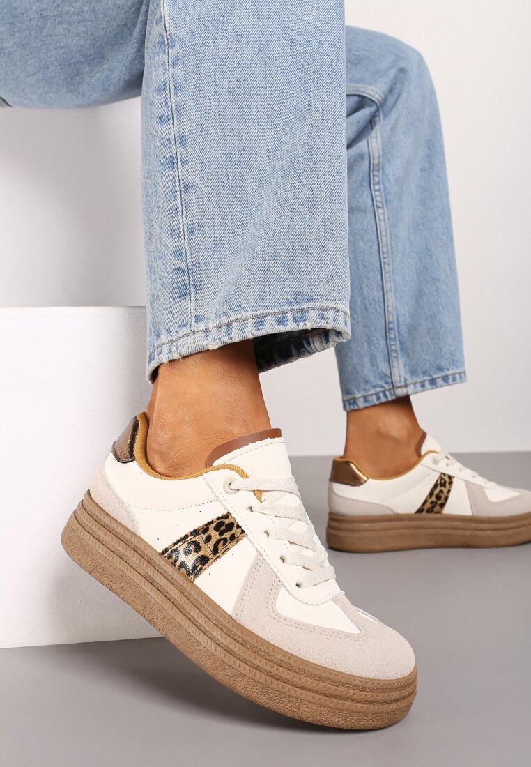 Beżowo-Brązowe Sneakersy na Grubej Podeszwie z Ozdobnymi Przeszyciami Ysdole