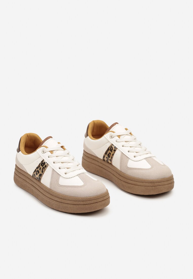 Beżowo-Brązowe Sneakersy na Grubej Podeszwie z Ozdobnymi Przeszyciami Ysdole