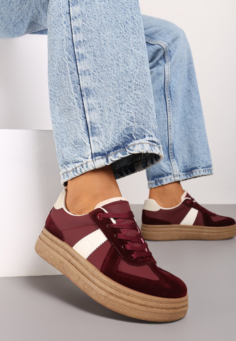 Bordowe Sneakersy na Grubej Podeszwie z Ozdobnymi Przeszyciami Ysdole