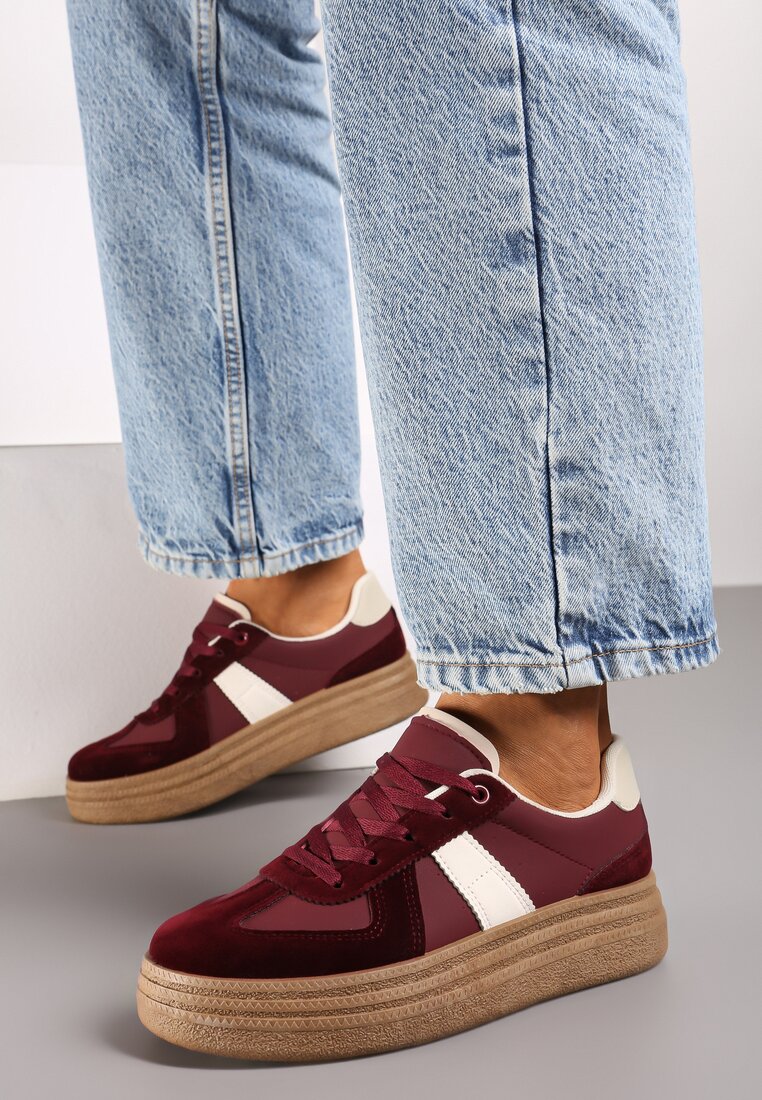 Bordowe Sneakersy na Grubej Podeszwie z Ozdobnymi Przeszyciami Ysdole
