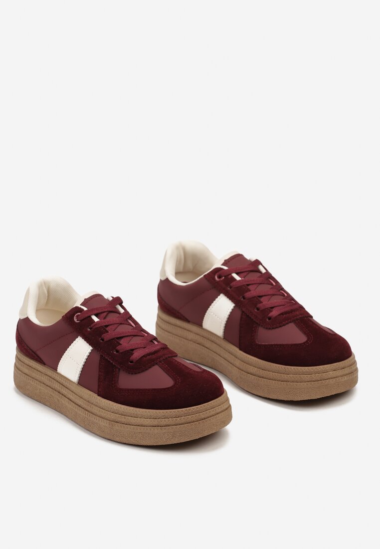 Bordowe Sneakersy na Grubej Podeszwie z Ozdobnymi Przeszyciami Ysdole