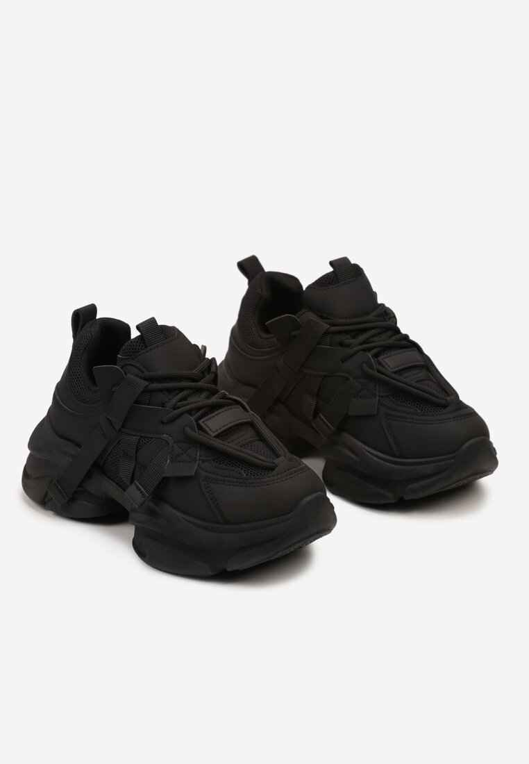 Czarne Sneakersy na Platformie z Grubymi Sznurówkami i Przeszyciami Wladisa