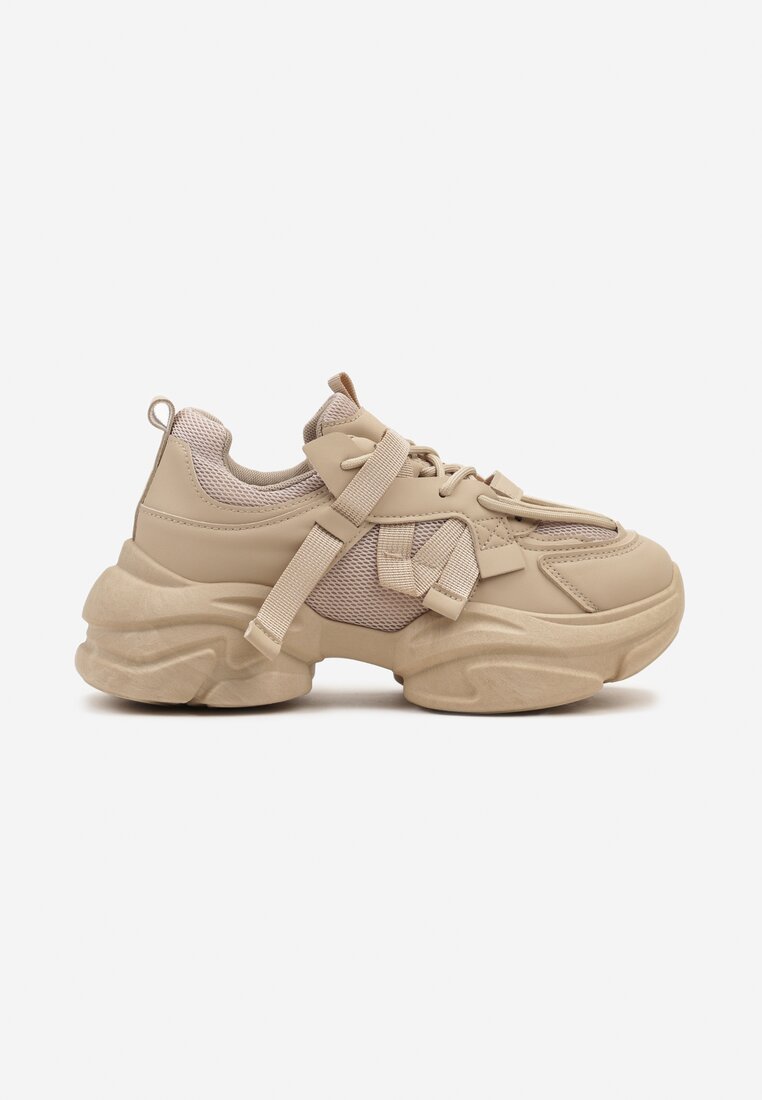 Ciemnobeżowe Sneakersy na Platformie z Grubymi Sznurówkami i Przeszyciami Wladisa