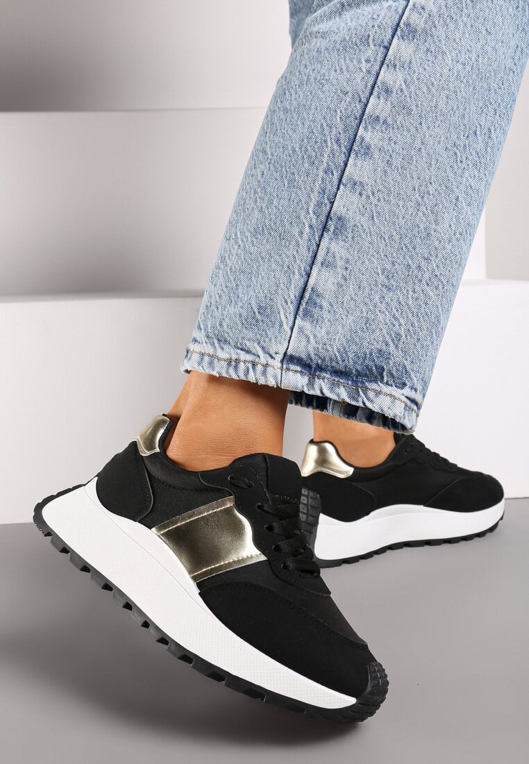 Czarne Sneakersy przed Kostkę na Platformie z Ozdobnymi Wstawkami Benace