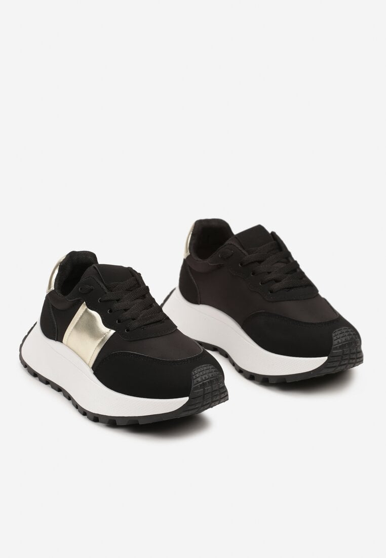 Czarne Sneakersy przed Kostkę na Platformie z Ozdobnymi Wstawkami Benace