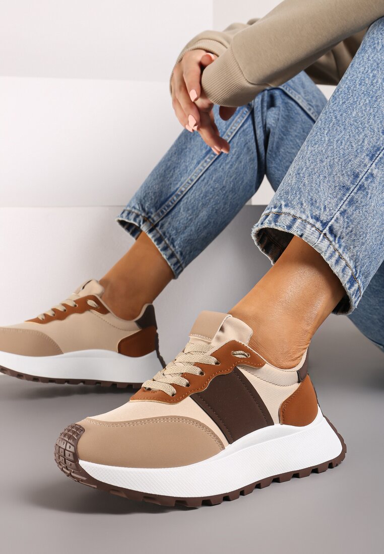 Brązowe Sneakersy przed Kostkę na Platformie z Ozdobnymi Wstawkami Benace