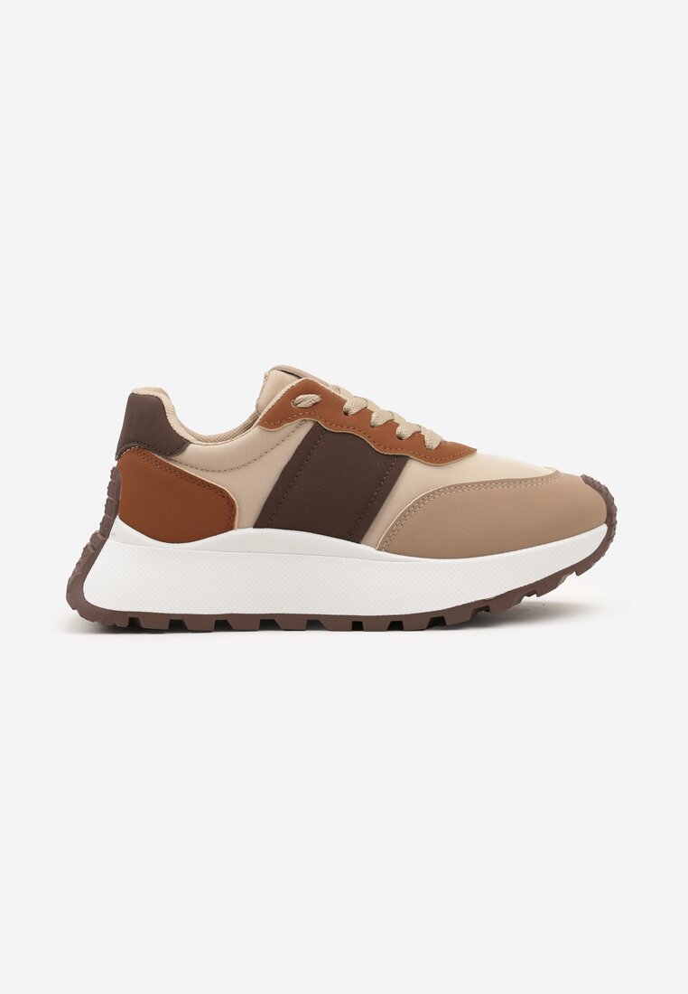 Brązowe Sneakersy przed Kostkę na Platformie z Ozdobnymi Wstawkami Benace