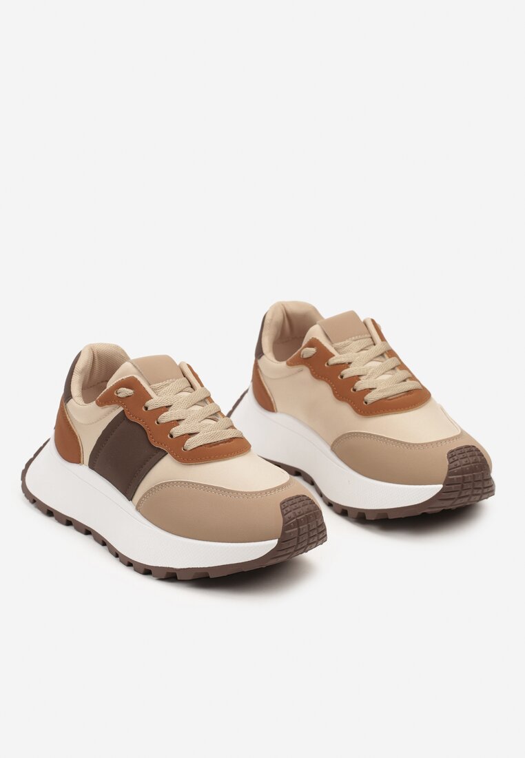 Brązowe Sneakersy przed Kostkę na Platformie z Ozdobnymi Wstawkami Benace