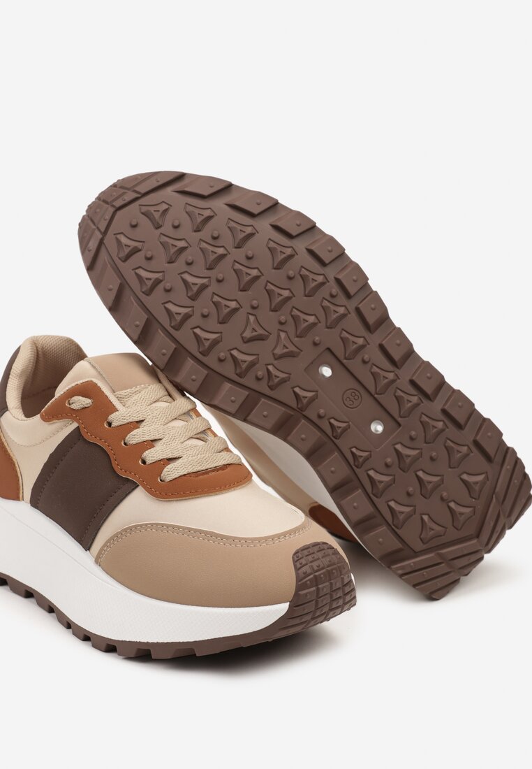 Brązowe Sneakersy przed Kostkę na Platformie z Ozdobnymi Wstawkami Benace