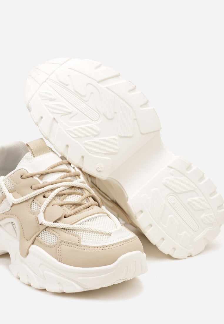 Ciemnobeżowe Sneakersy na Niskiej Platformie z Grubymi Sznurówkami Benanda