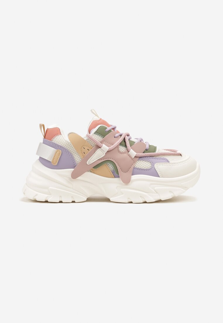 Biało-Różowe Sneakersy na Niskiej Platformie z Grubymi Sznurówkami Benanda