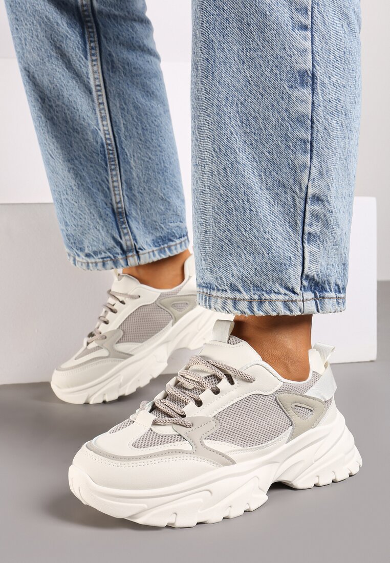 Szare Sneakersy na Platformie z Przeszyciami Pod Kostkę Benasia