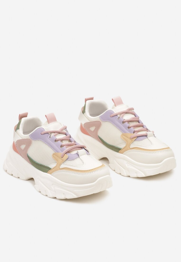 Biało-Fioletowe Sneakersy na Platformie z Przeszyciami Pod Kostkę Benasia