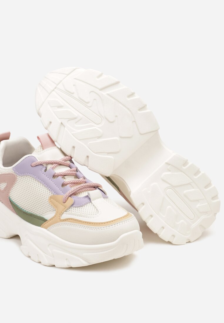 Biało-Fioletowe Sneakersy na Platformie z Przeszyciami Pod Kostkę Benasia