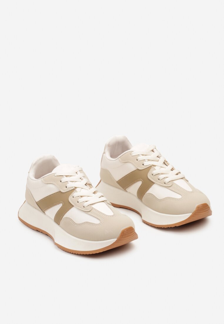 Beżowe Sneakersy na Płaskiej Podeszwie z Geometryczną Wstawką Sewla