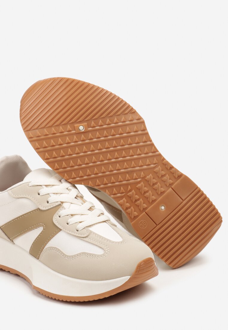 Beżowe Sneakersy na Płaskiej Podeszwie z Geometryczną Wstawką Sewla