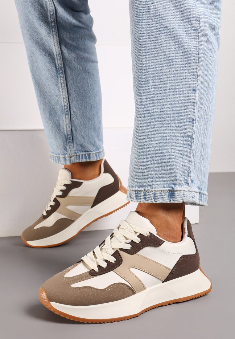 Brązowe Sneakersy na Płaskiej Podeszwie z Geometryczną Wstawką Sewla