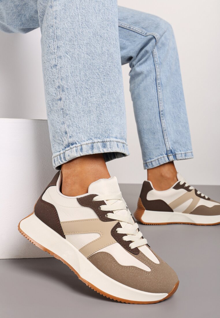 Brązowe Sneakersy na Płaskiej Podeszwie z Geometryczną Wstawką Sewla