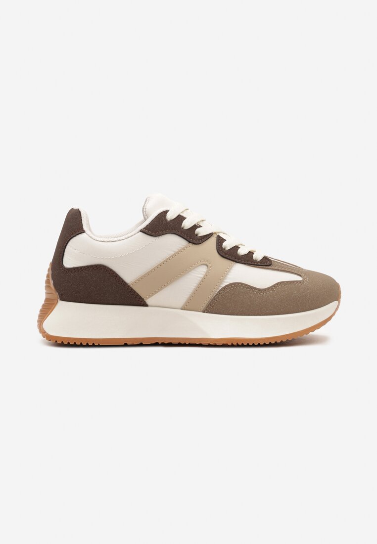 Brązowe Sneakersy na Płaskiej Podeszwie z Geometryczną Wstawką Sewla