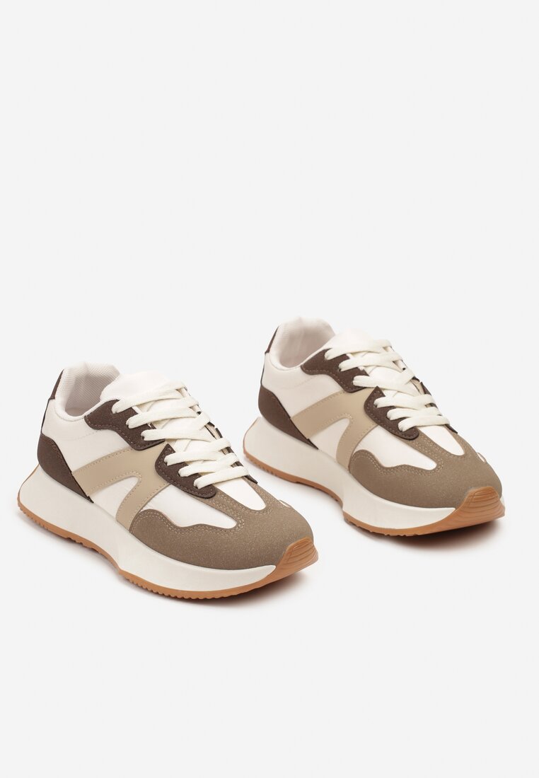 Brązowe Sneakersy na Płaskiej Podeszwie z Geometryczną Wstawką Sewla