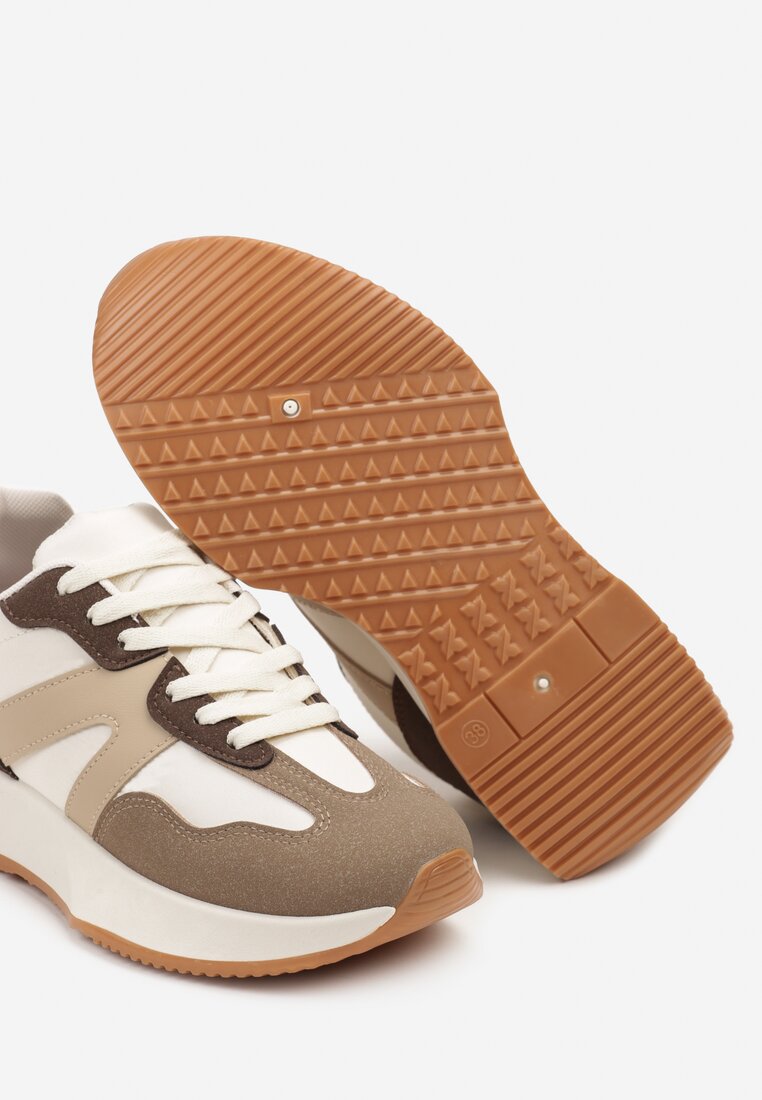 Brązowe Sneakersy na Płaskiej Podeszwie z Geometryczną Wstawką Sewla