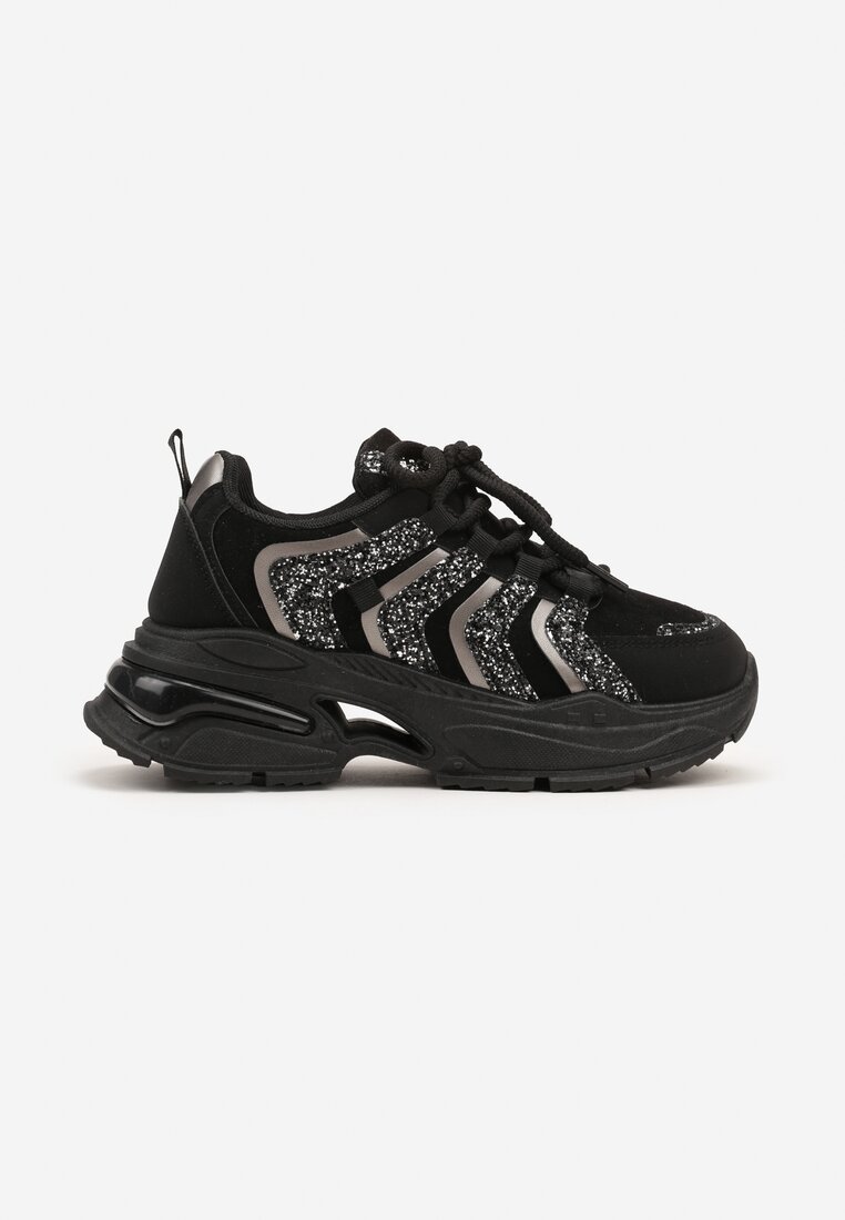 Czarne Sznurowane Sneakersy na Platformie Ozdobione Brokatem Ewla