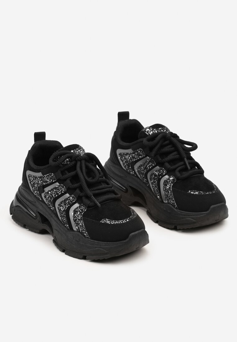 Czarne Sznurowane Sneakersy na Platformie Ozdobione Brokatem Ewla