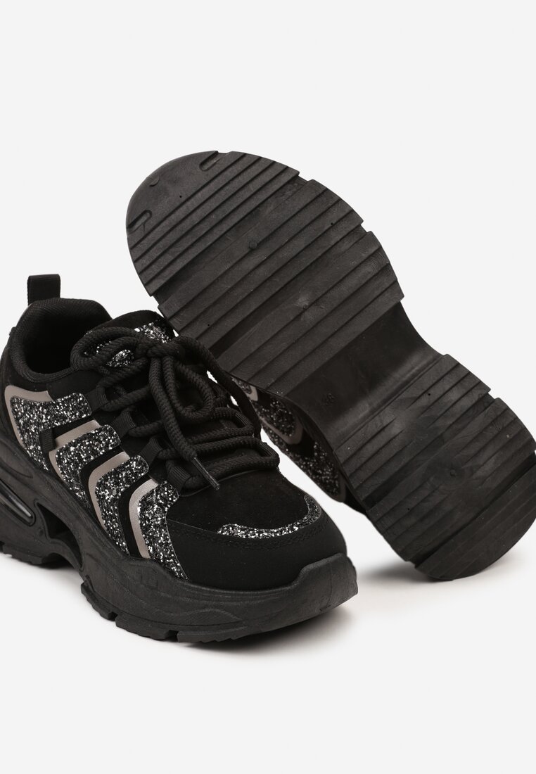 Czarne Sznurowane Sneakersy na Platformie Ozdobione Brokatem Ewla