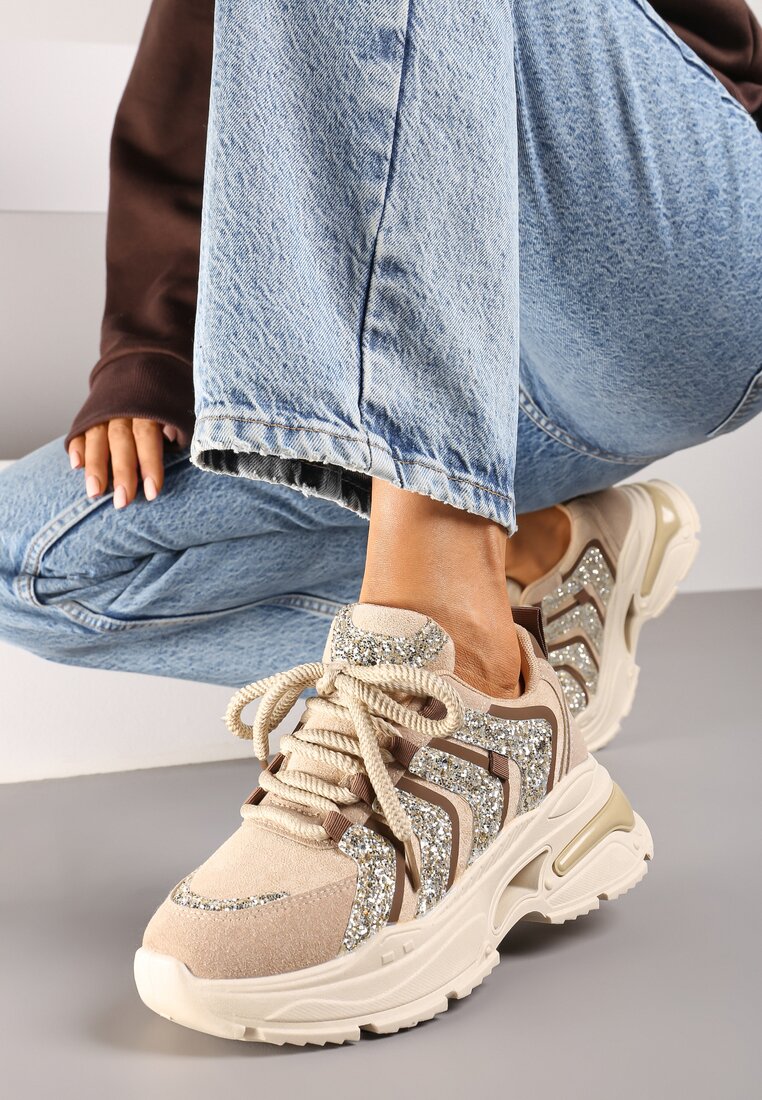 Ciemnobeżowe Sznurowane Sneakersy na Platformie Ozdobione Brokatem Ewla